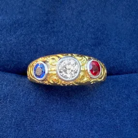 Victorian Diamond, Ruby & Sapphire Ring, Old Euro 0.48ct.