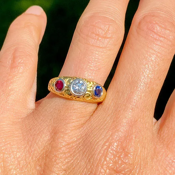 Victorian Diamond, Ruby & Sapphire Ring, Old Euro 0.48ct.