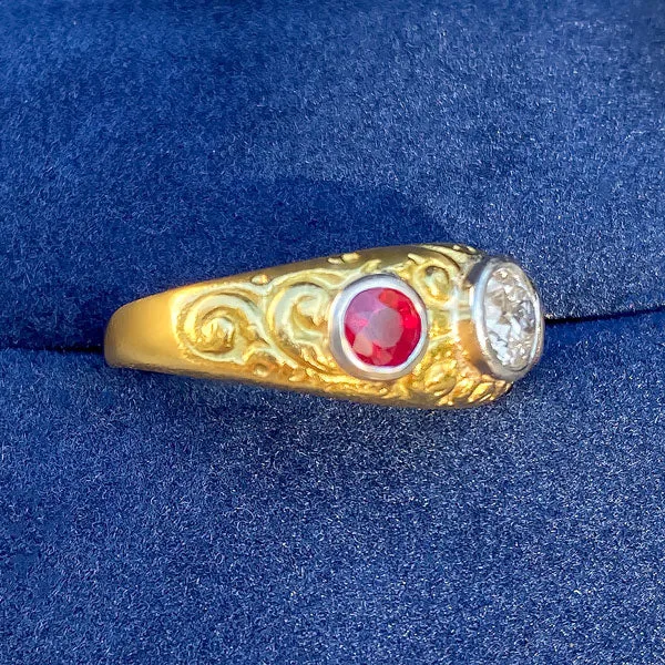 Victorian Diamond, Ruby & Sapphire Ring, Old Euro 0.48ct.