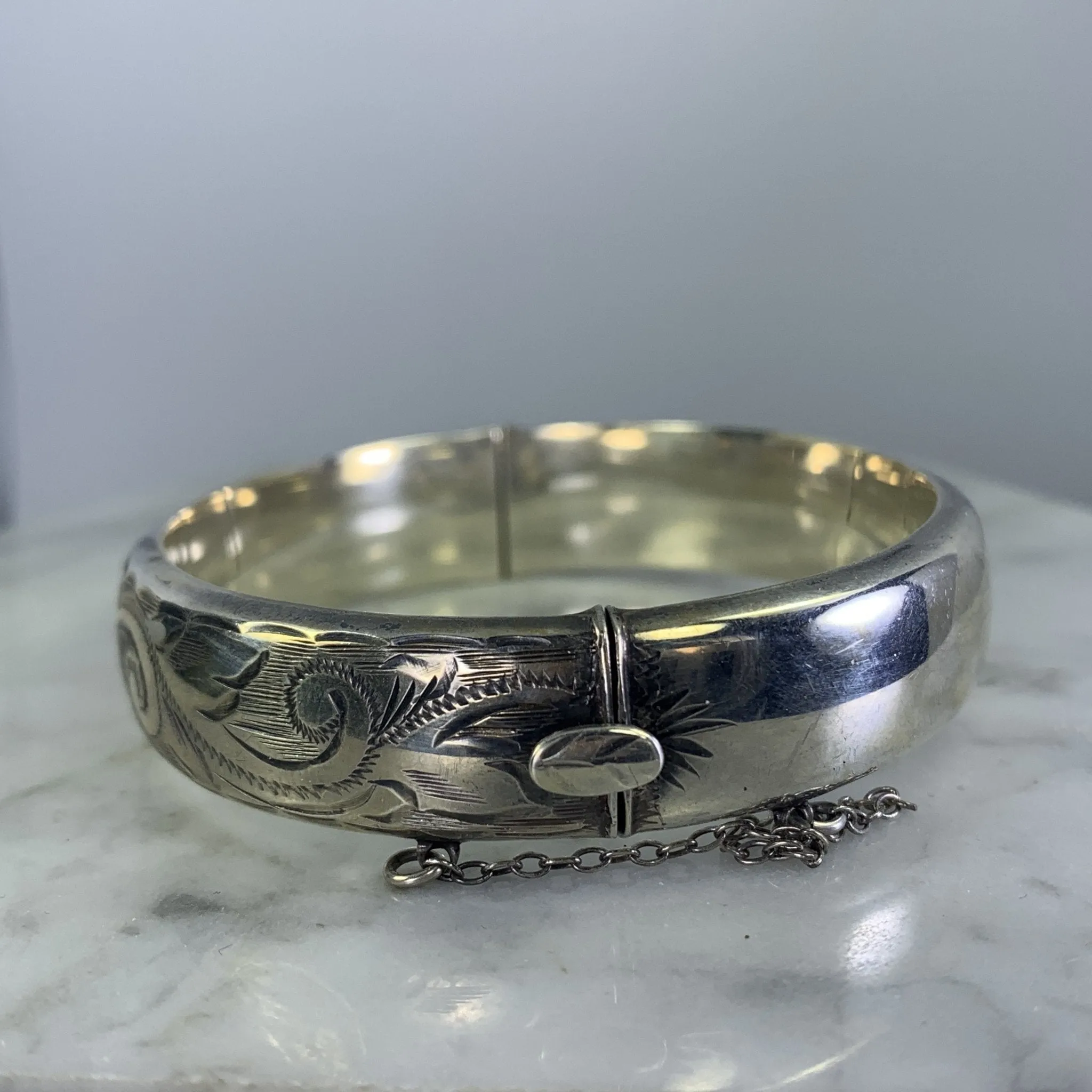 Vintage Sterling Silver Bangle Bracelet with Scroll Etching from England. Bohemian Estate Jewelry.