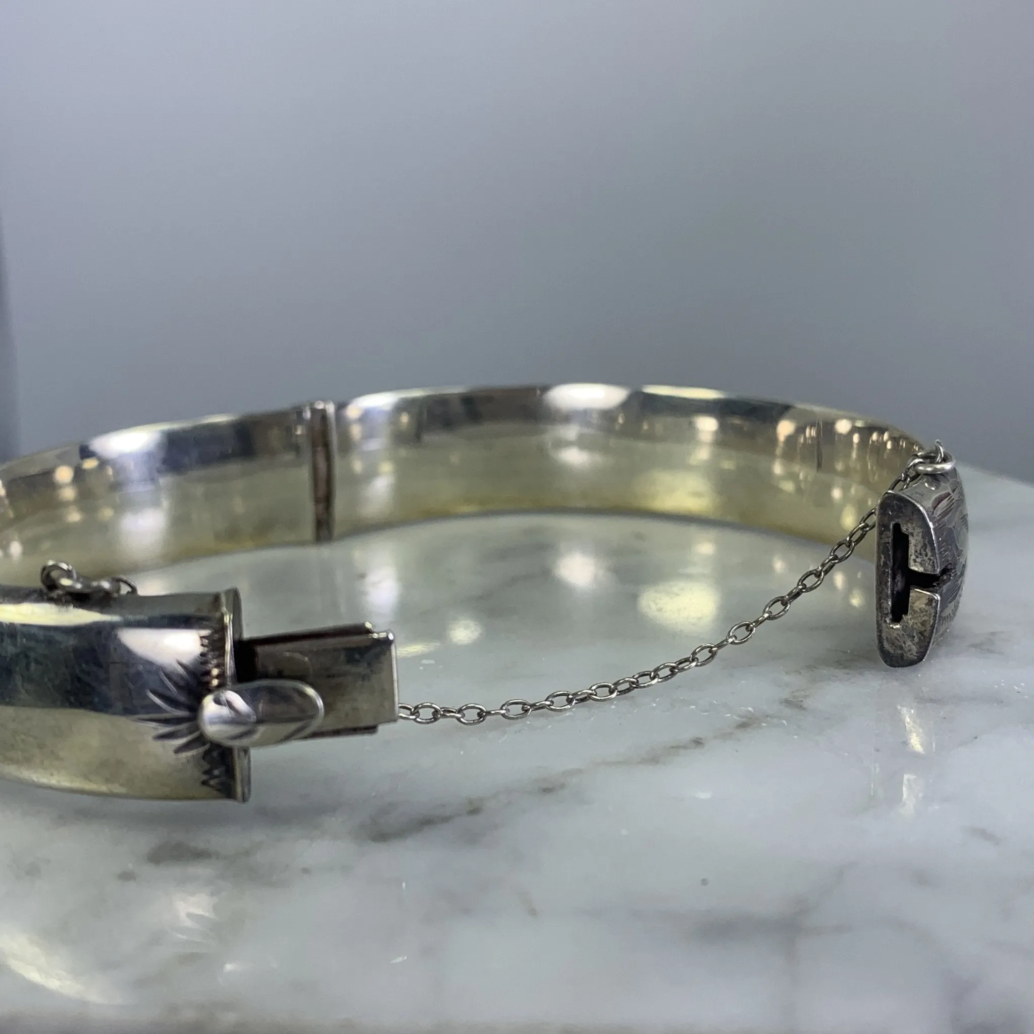 Vintage Sterling Silver Bangle Bracelet with Scroll Etching from England. Bohemian Estate Jewelry.