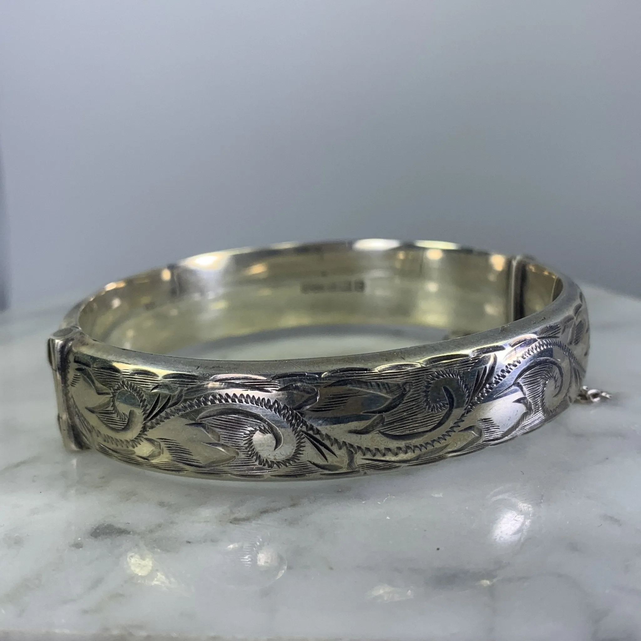 Vintage Sterling Silver Bangle Bracelet with Scroll Etching from England. Bohemian Estate Jewelry.