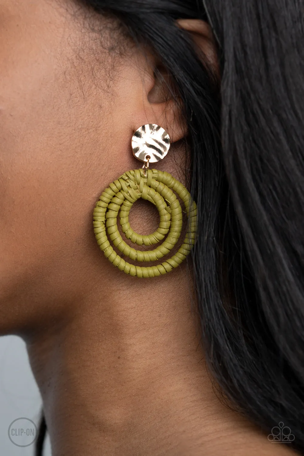 Whimsically Wicker Green Clip On-Earrings