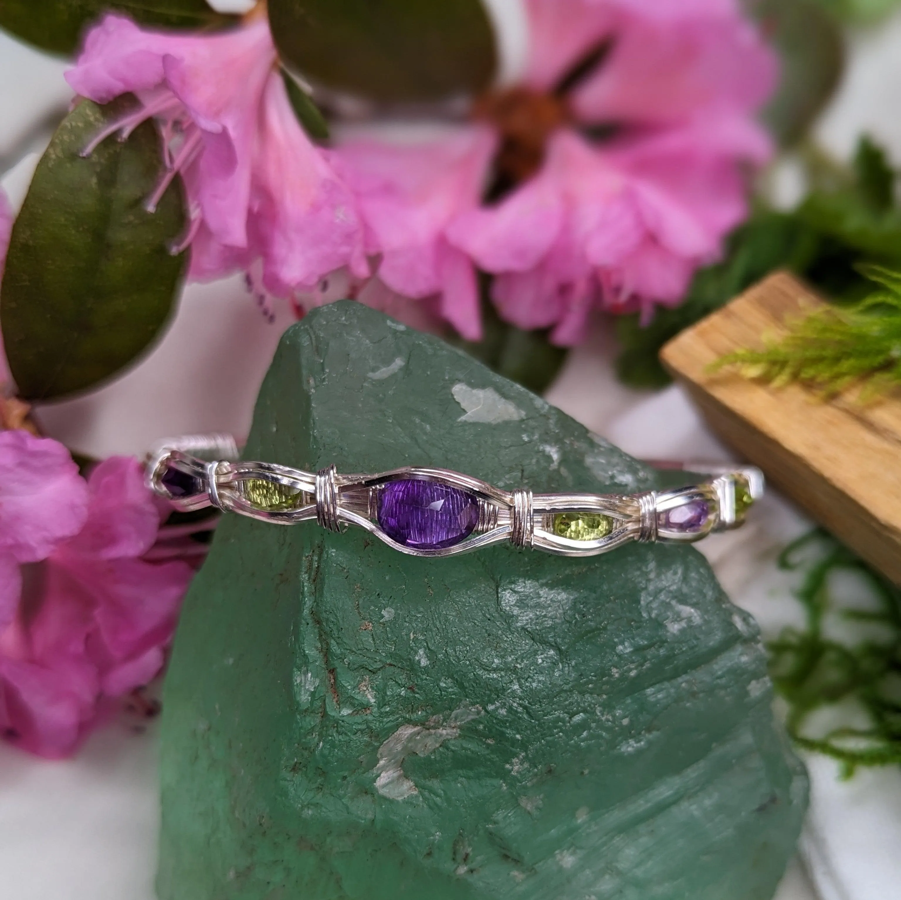 Wire Wrapped Gemstone Adjustable Wrist Bangle ~ Amethyst and Peridot