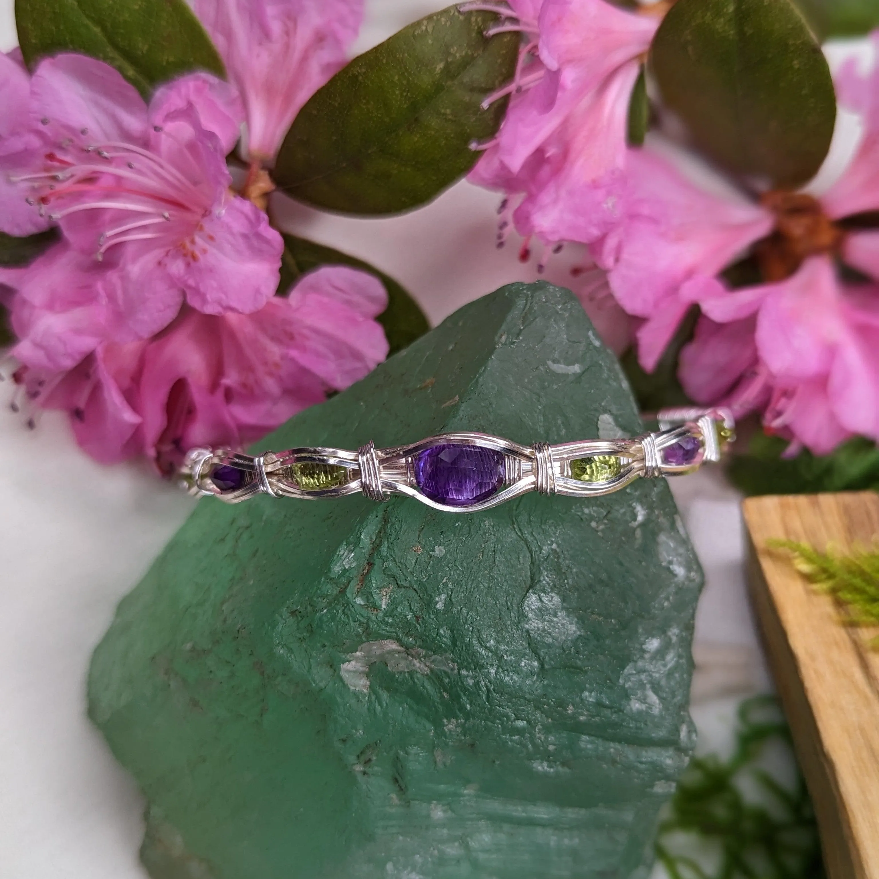 Wire Wrapped Gemstone Adjustable Wrist Bangle ~ Amethyst and Peridot