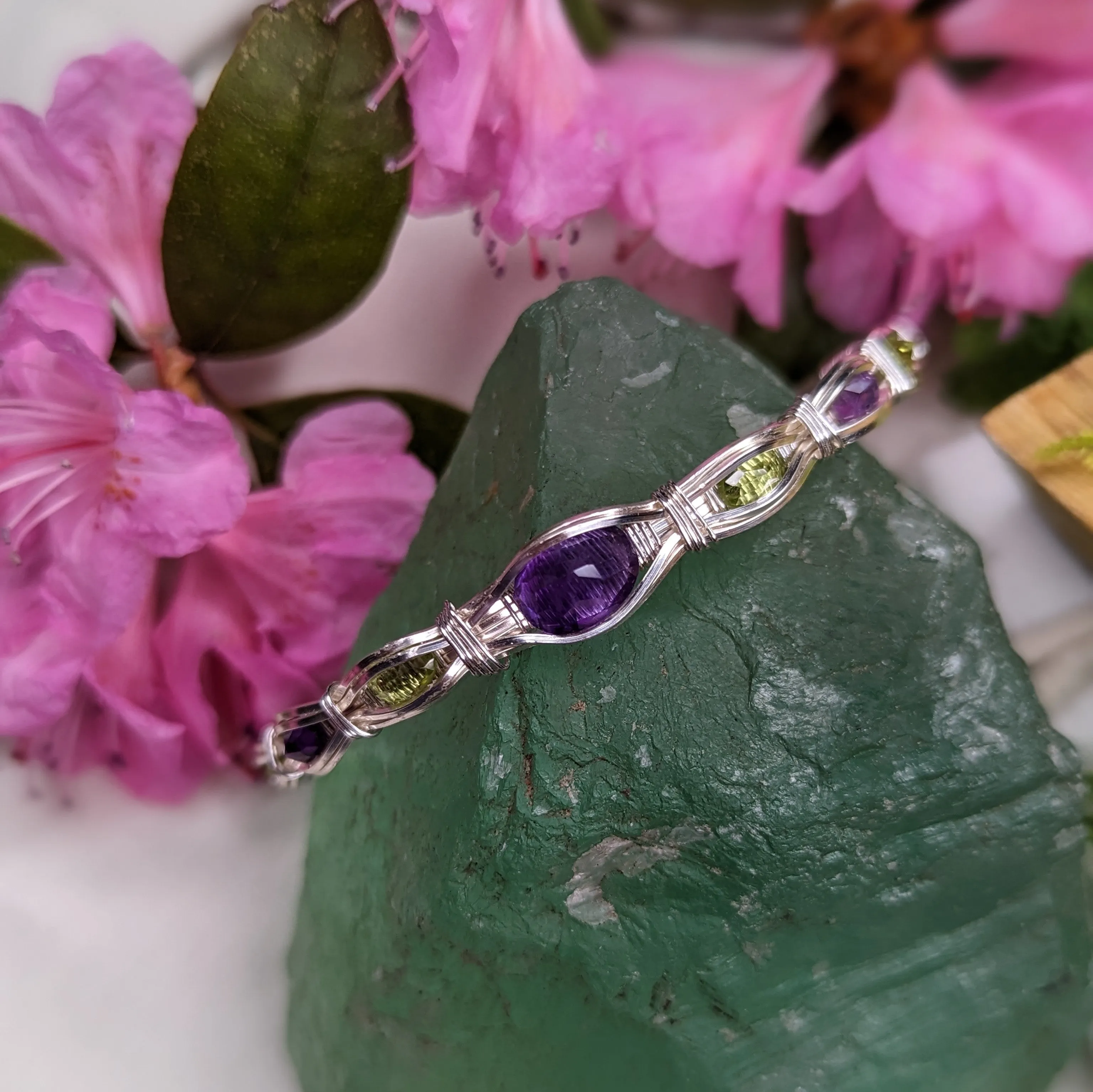 Wire Wrapped Gemstone Adjustable Wrist Bangle ~ Amethyst and Peridot