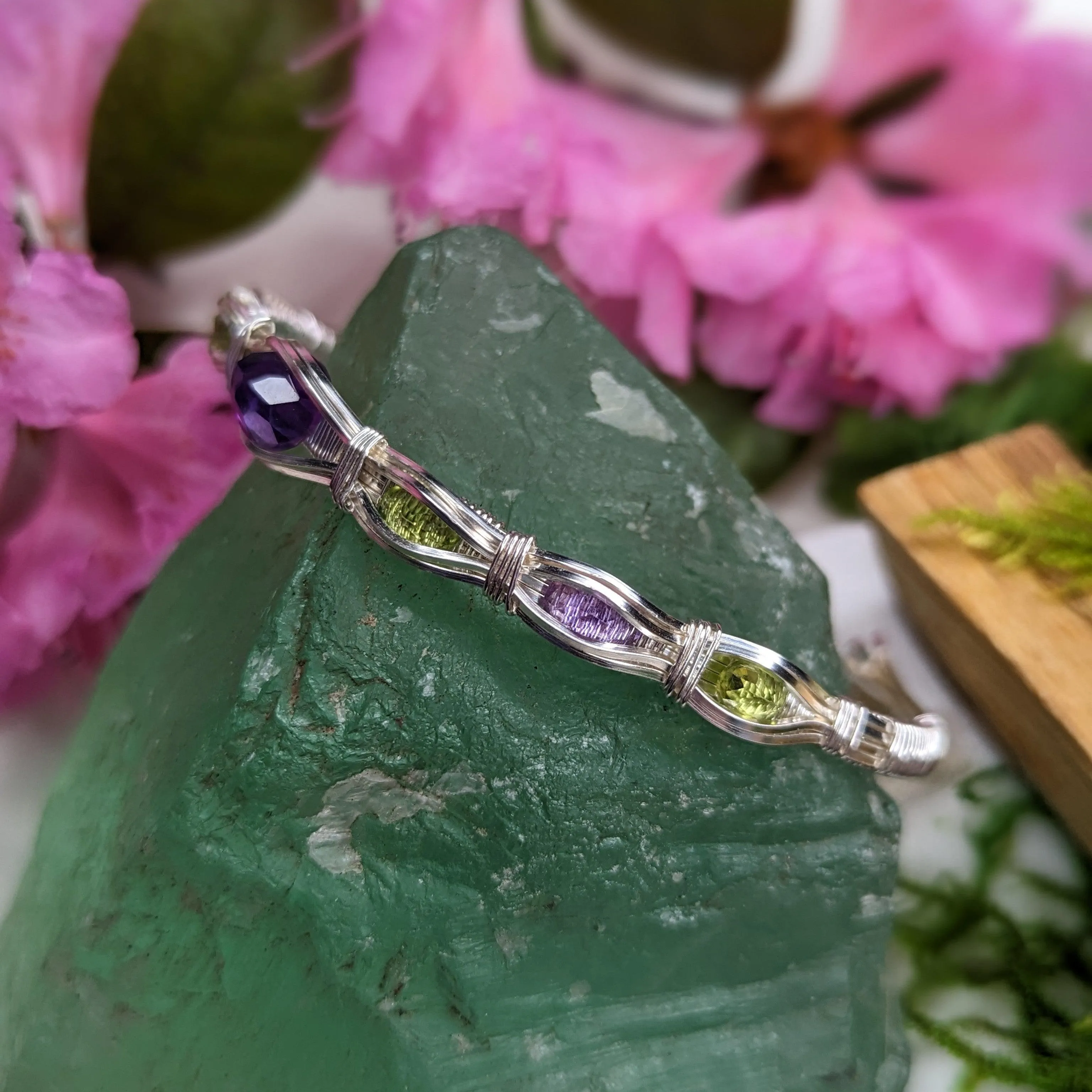 Wire Wrapped Gemstone Adjustable Wrist Bangle ~ Amethyst and Peridot