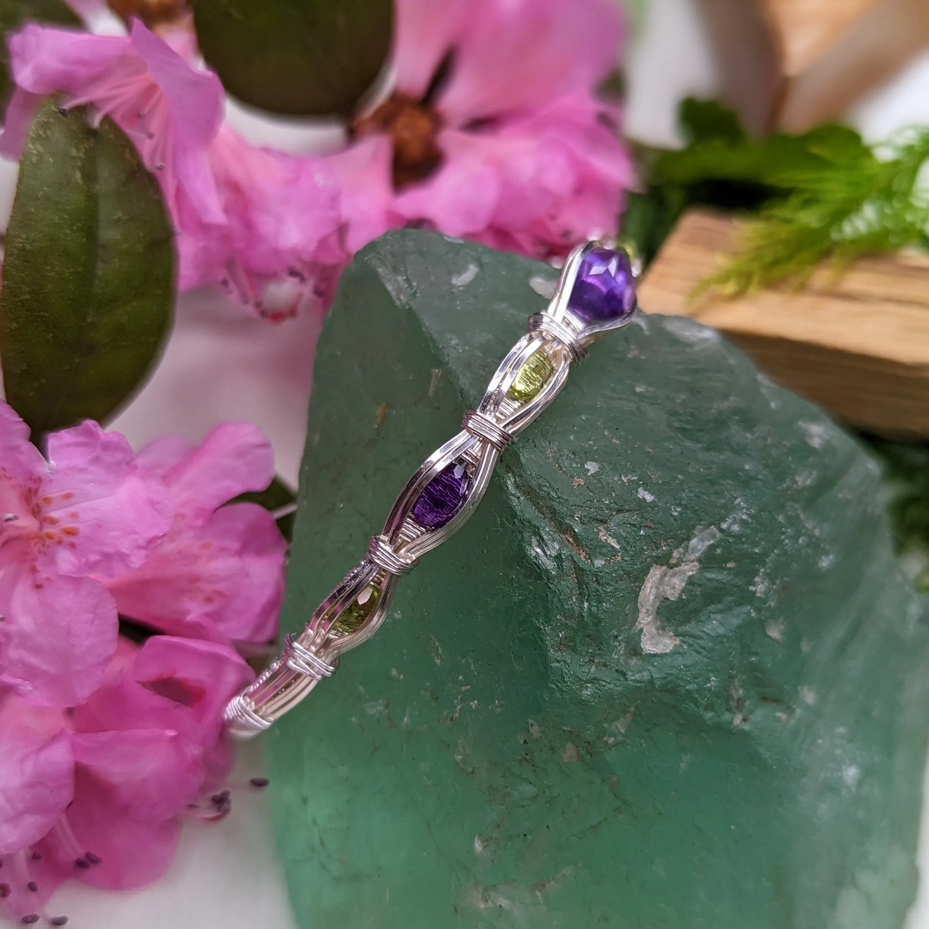 Wire Wrapped Gemstone Adjustable Wrist Bangle ~ Amethyst and Peridot