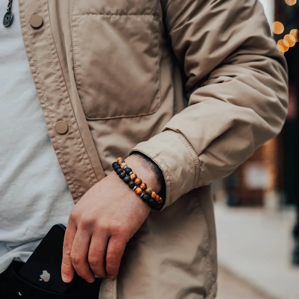 yin and yang // camel agate, lava rock and hematite bead bracelet set