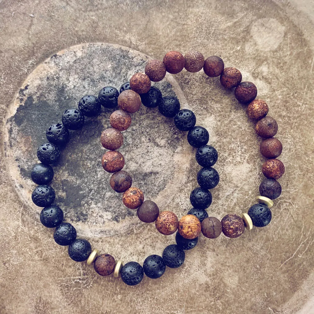 yin and yang // camel agate, lava rock and hematite bead bracelet set