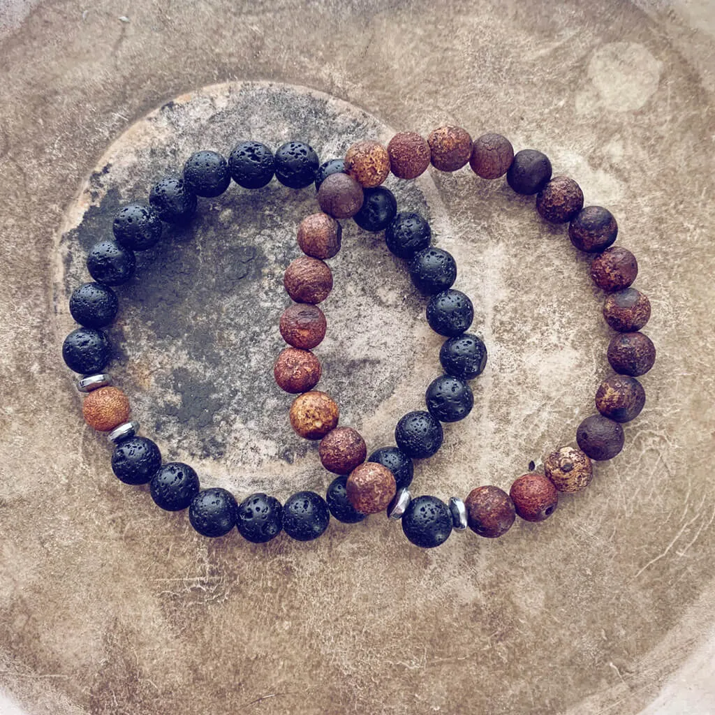 yin and yang // camel agate, lava rock and hematite bead bracelet set