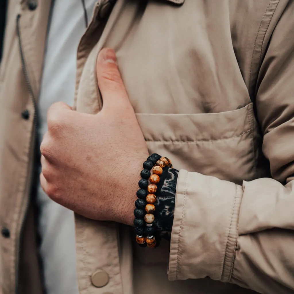 yin and yang // camel agate, lava rock and hematite bead bracelet set